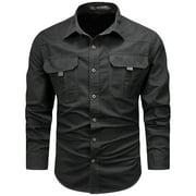 Long Sleeve Shirts for Men Military Button Up Snap Work Shirts Quick Dry Western Tops Collared Cargo Comfy Shirts, Black (Large)
